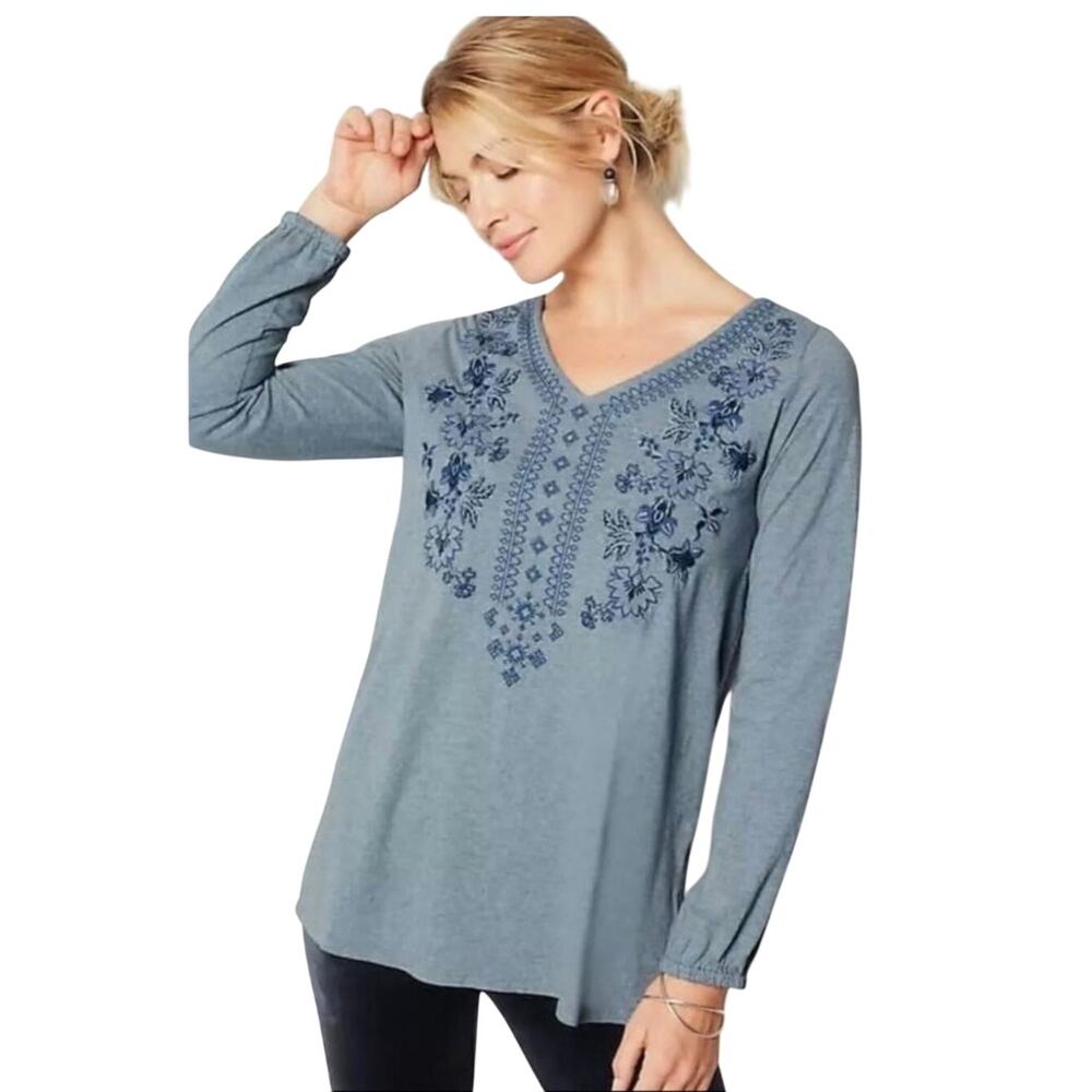 J. Jill Pure Jill Floral Embroidered V0Neck Tunic, Heathered Blue, Medium, NWT